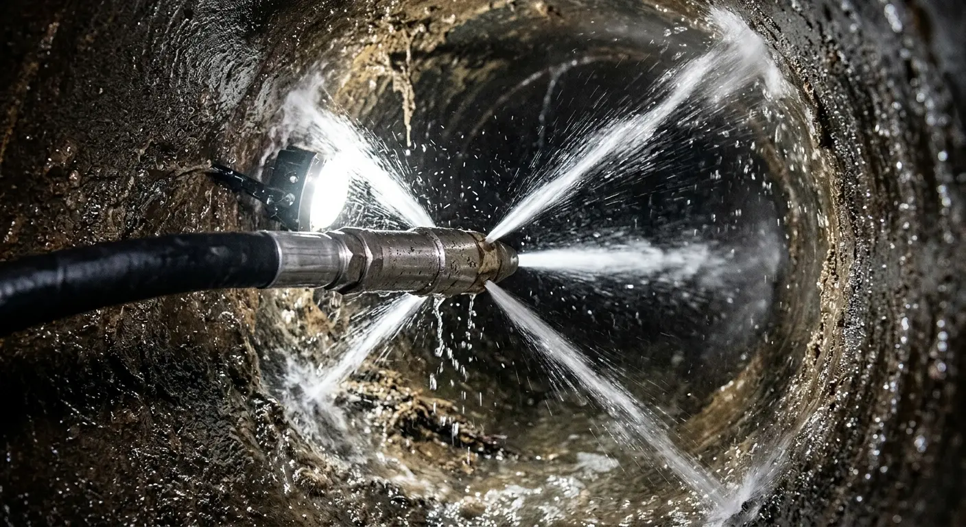 High-pressure hydro jetting nozzle cleaning sewer pipe for Trenchless Sewer Repair in Crafton