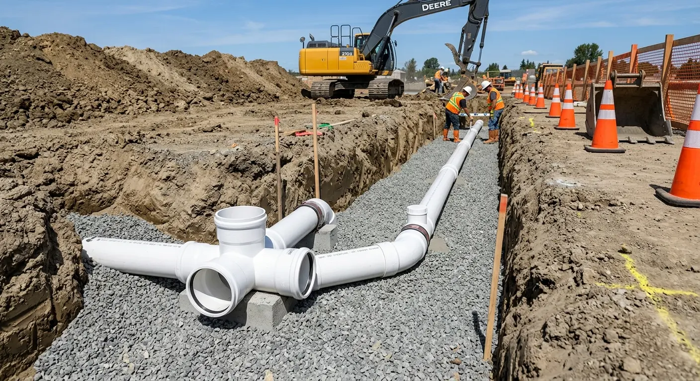 New PVC sewer pipe installation in open trench for Commercial Drain Cleaning in Crafton
