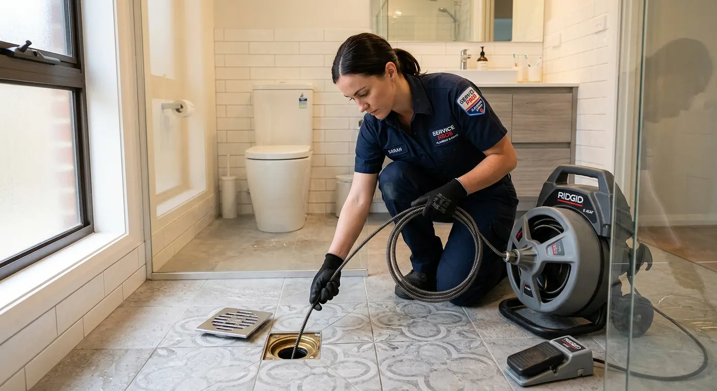 Technician clearing a bathroom floor drain for Drain Cleaning in Crafton